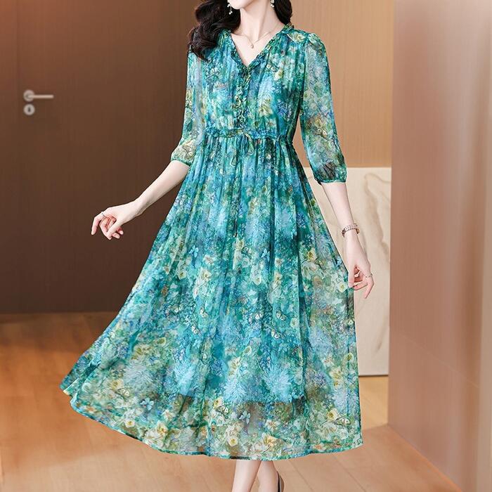ワンピース ワンピ ドレス シルク混 ボタニカル 花柄 フラワー レディース エレガント きれいめ カジュアル 大人 可愛い フェミニン ロング丈 透け感 シアー 五分袖 シフォン ゆったり ナチュラ