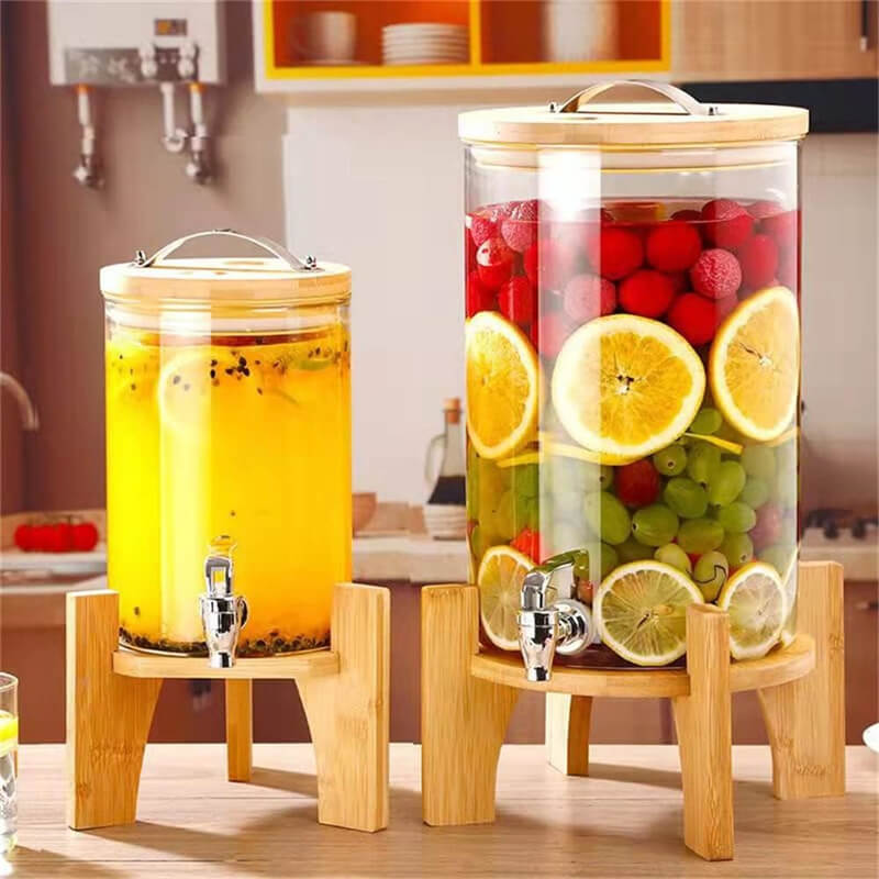 「の飲料タンク」冷水筒 ドリンクサーバー ガラス貯蔵タンク 1.5L/2.5L/5L/8L大容量 ガラスポット ステンレス製の蛇口 保存瓶ドリンクディスペ