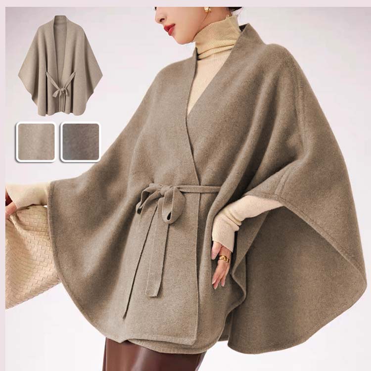 ニットマント ウールニット ケープ 大きいサイズ ニット ベージュ マント ニット ベルト付き カシミヤブレンドウール