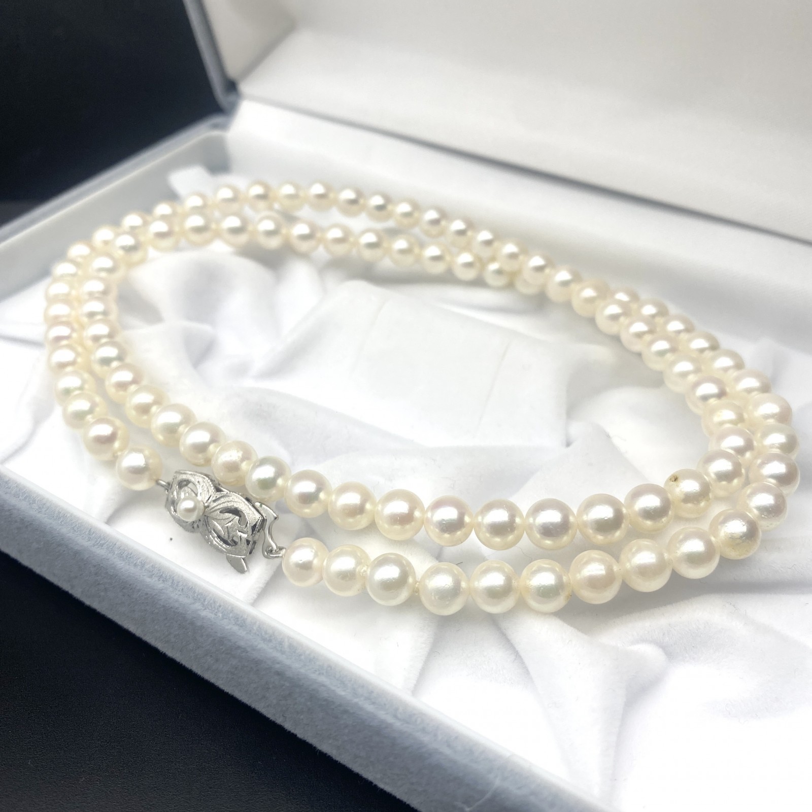 美品 照り強 アコヤ真珠 あこや セミロングネックレス パール 本真珠 ジュエリー テリ てり ホワイト シルバー 約61cm 6.0mm-6.5mm 32.8g シルバー金具