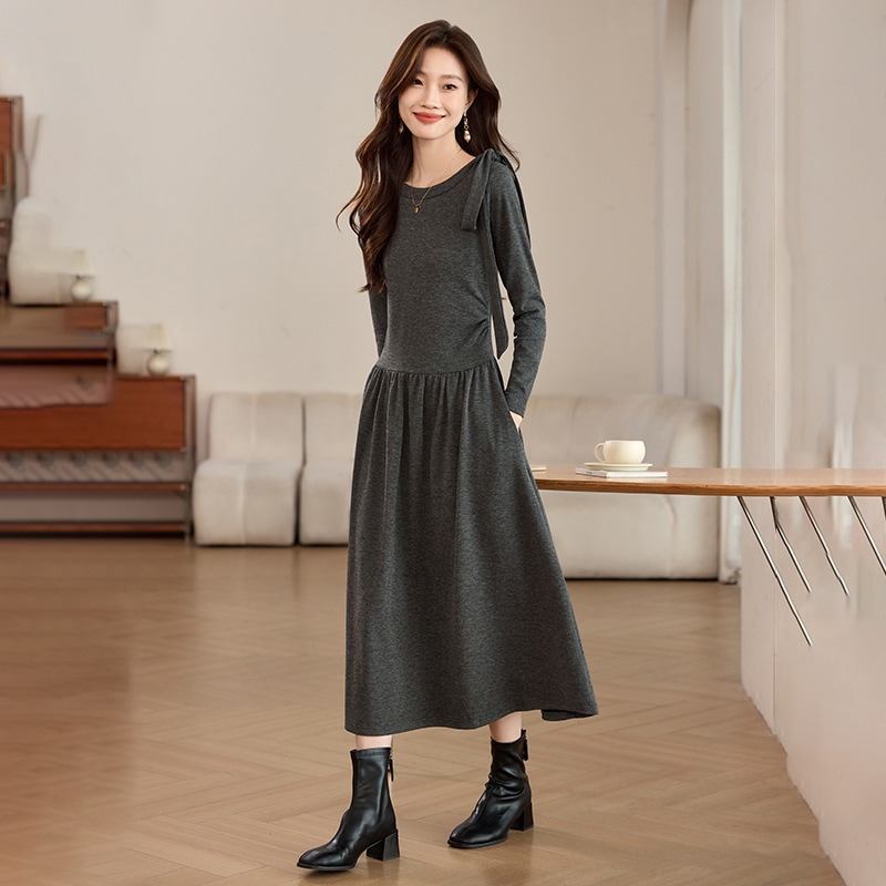 新作春/秋スタイル エレガント スリミング レトロ タイウエスト ロングドレス レディース SH038