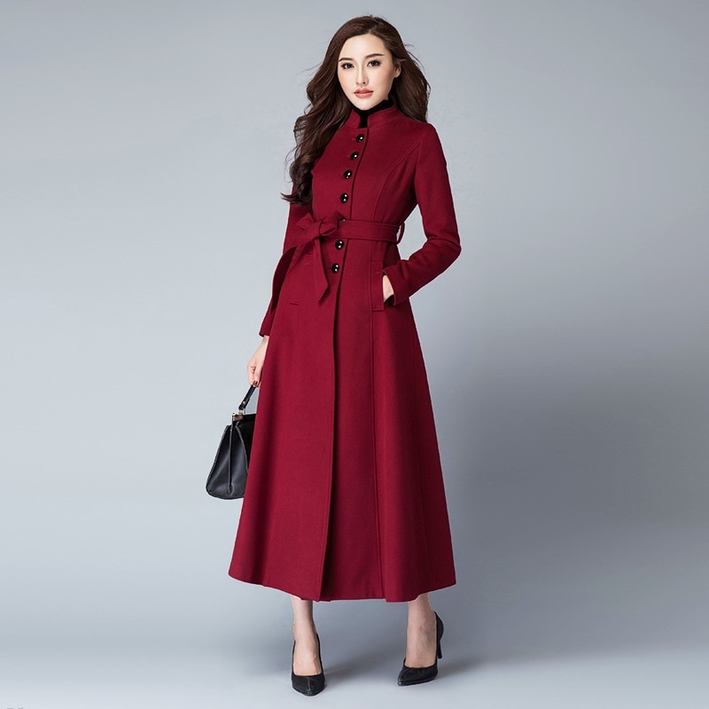 5102.超ロングコート（ワインレッド）2019 春夏 sale アウター 美ライン おしゃれ カジュアル メルトンコート ピーコート ロング丈 オフィス ビジネス お出かけ 女子会 普段使い 通勤