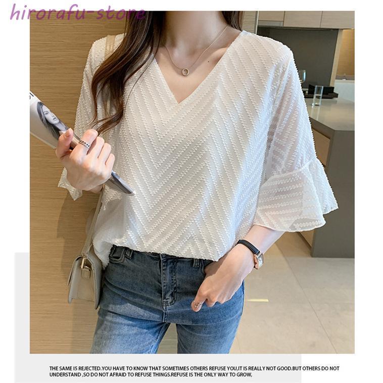 ブラウス Vネック ブラウス レディース 七分袖 フレア袖 きれいめ オフィス シフォン ジャガード 二の腕カバー シアー シースルー 白 大人 通勤