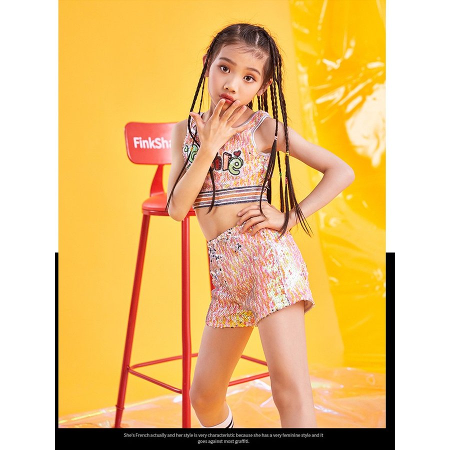 キッズ ダンス 衣装 チアガール ヒップホップ 女の子供キッズダンス キラキラ メタリック タンクトップ スカート チアダンス ベスト ガールズ 発表会