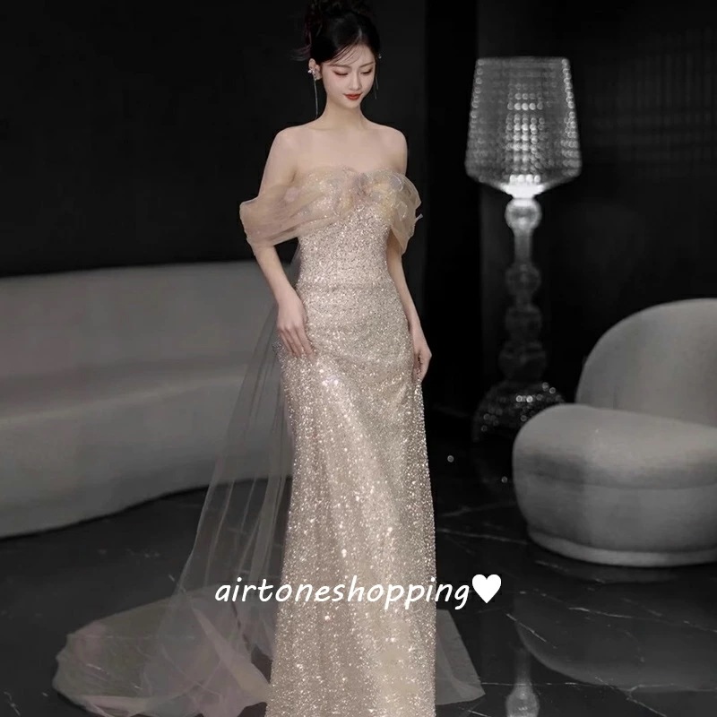 イブニングドレス オフショルダー シャンパン色 キラキラドレス スパンコール ロングドレス 発表会ドレス オフショル 可愛い パーティードレス ロング Aライン S M L XL XXL