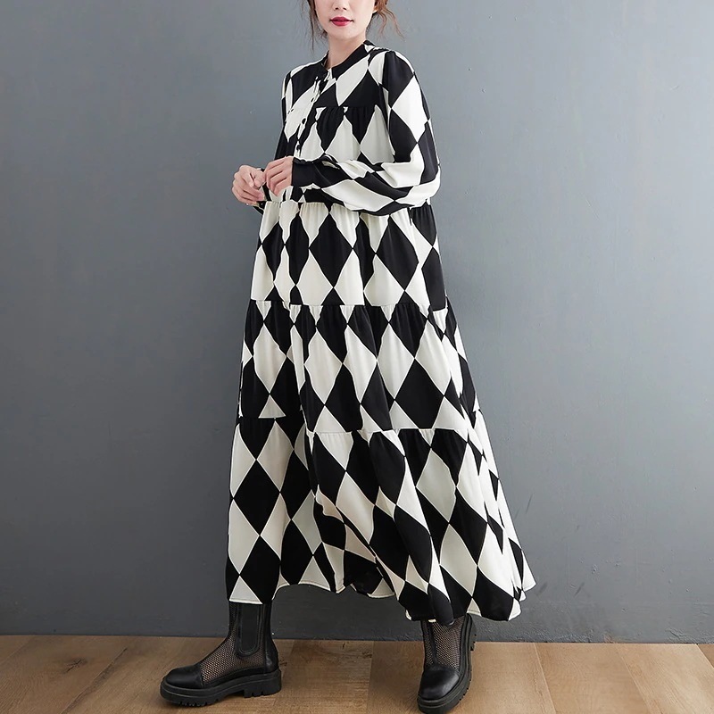 2024長袖シャツワンピース黒＆白リンジお洒落プリント立ち襟ロングタイプ着痩せ大きめ便利2wayワンピース30%制限