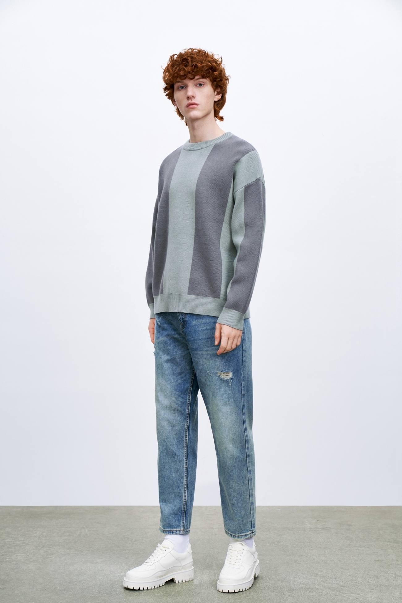 春 メンズ ファッション トレンド 配色 ルーズ プルオーバー セーター シンプル ナチュラル グリーン S M L トップス ニットソー 袖あり 長袖 シンプル カジュアル 大人 上品 おしゃれ