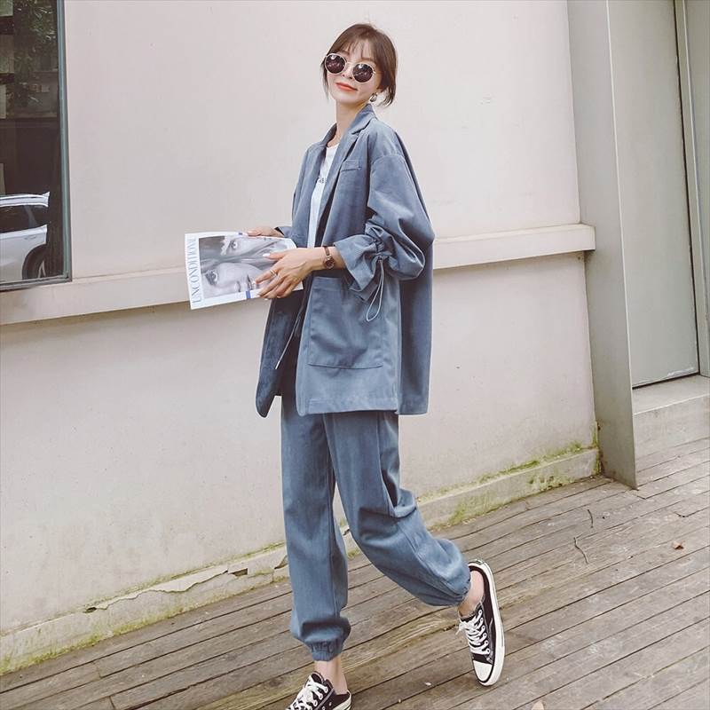 「超お得」セットアップ ジャケット パンツ レディース 春 秋 グレーパープル 長袖 襟付き ボタン シングルブレスト ポケット ウエストゴム ドローストリング S M L カジュアル レトロ おしゃ 5,870円