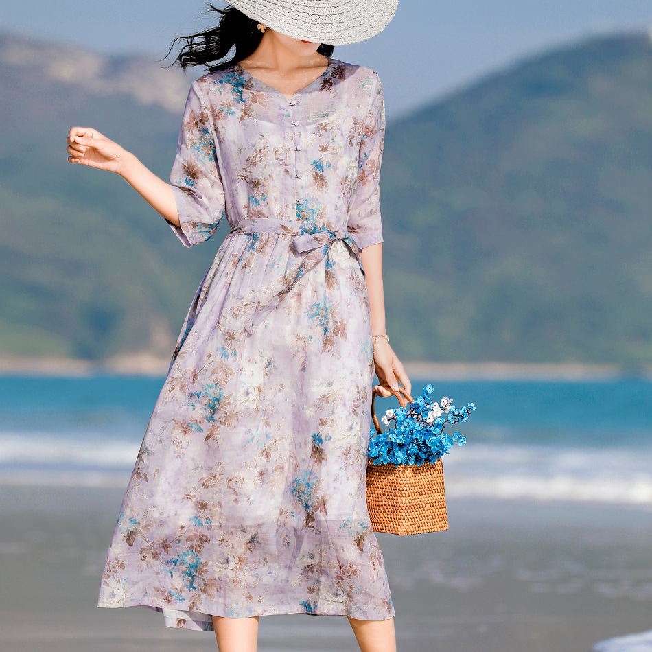 ワンピース　薄手　花柄　綿麻　レディース 体型カバー着痩せ　母の日 プレゼント 新作　お洒落 キレイめ 　夏用　涼しい20代30代40代