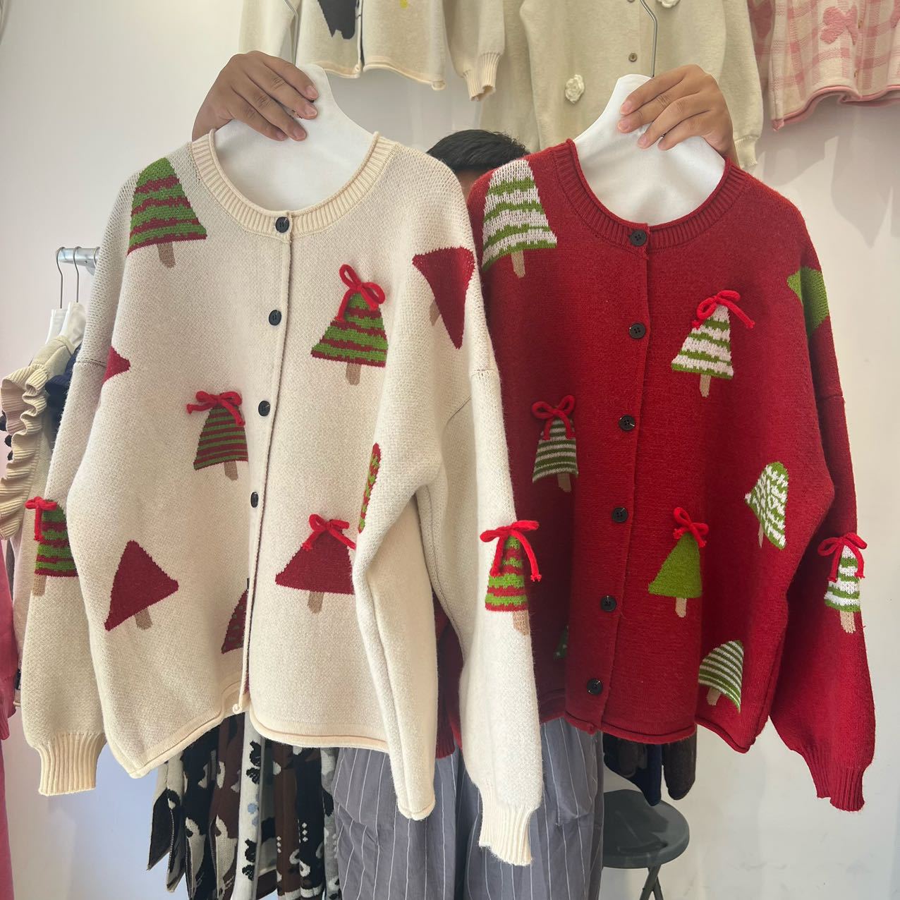 2024 秋冬韓国スタイルルーズラウンドネッククリスマスツリージャカードニットカーディガンレディースレイジースタイルセータージャケット