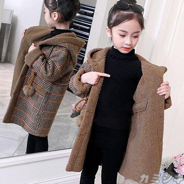 ダッフルコート キッズ 子供服 チェスターコート チェック 女の子 厚手 裏起毛 アウター フード付