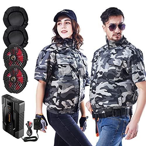 elemai ファン付き作業服 22V超高出力 25000mAh ファンバッテリーセット 空冷調節作業服 猛暑対策必須品 綿100% (2XL, カモフラージュ半袖)