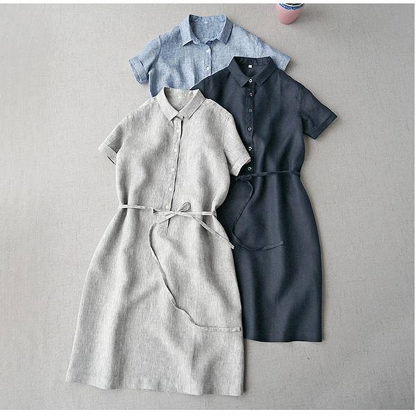 人気新作麻のシャツワンピース　ウエストリボンつき　リネン　半袖　膝下丈　グレー　サックス　ネイビー　S M L XL