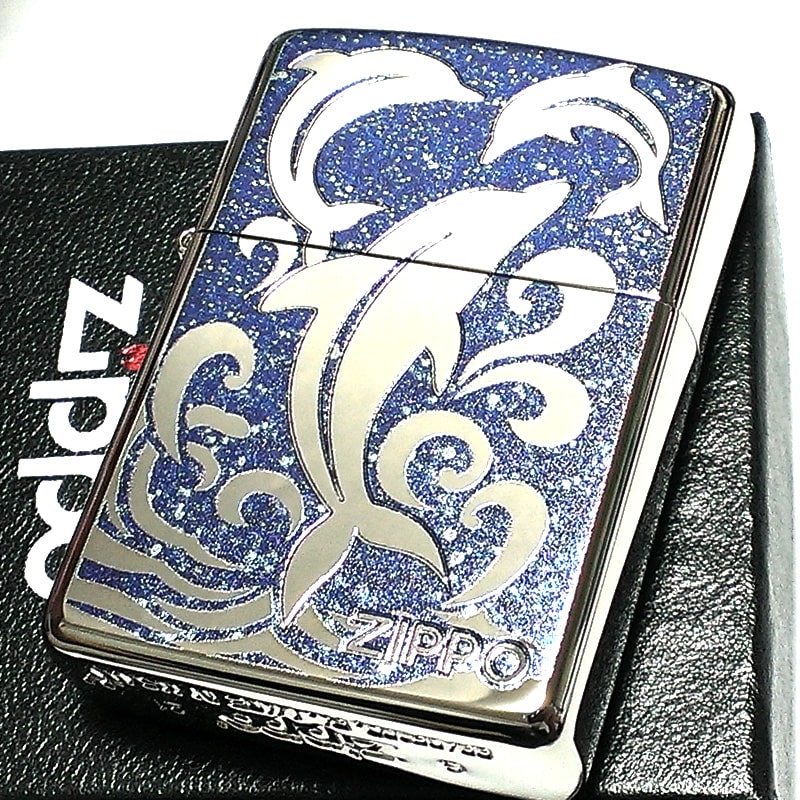 ZIPPO アーマー ドルフィン ジッポ ライター ブルー 重厚 かわいい 青 綺麗 イルカ 御守り ラメ 海 ロゴ入り おしゃれ メンズ レディース ギフト 贈り物 プレゼント