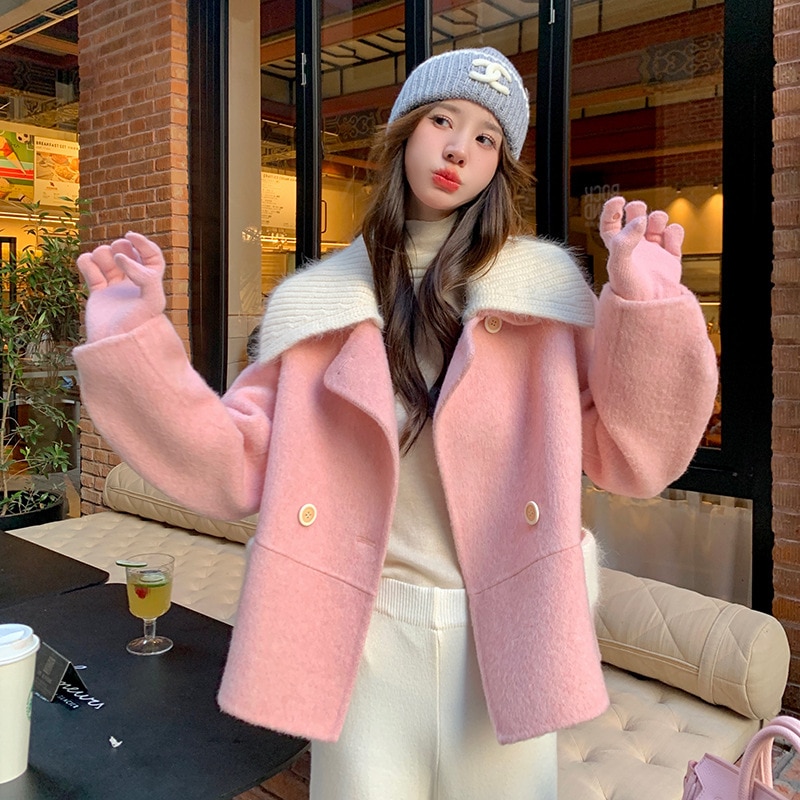 優しい風ピンク両面ラシャコート女子ショート2023秋冬新作小柄高級感毛コート
