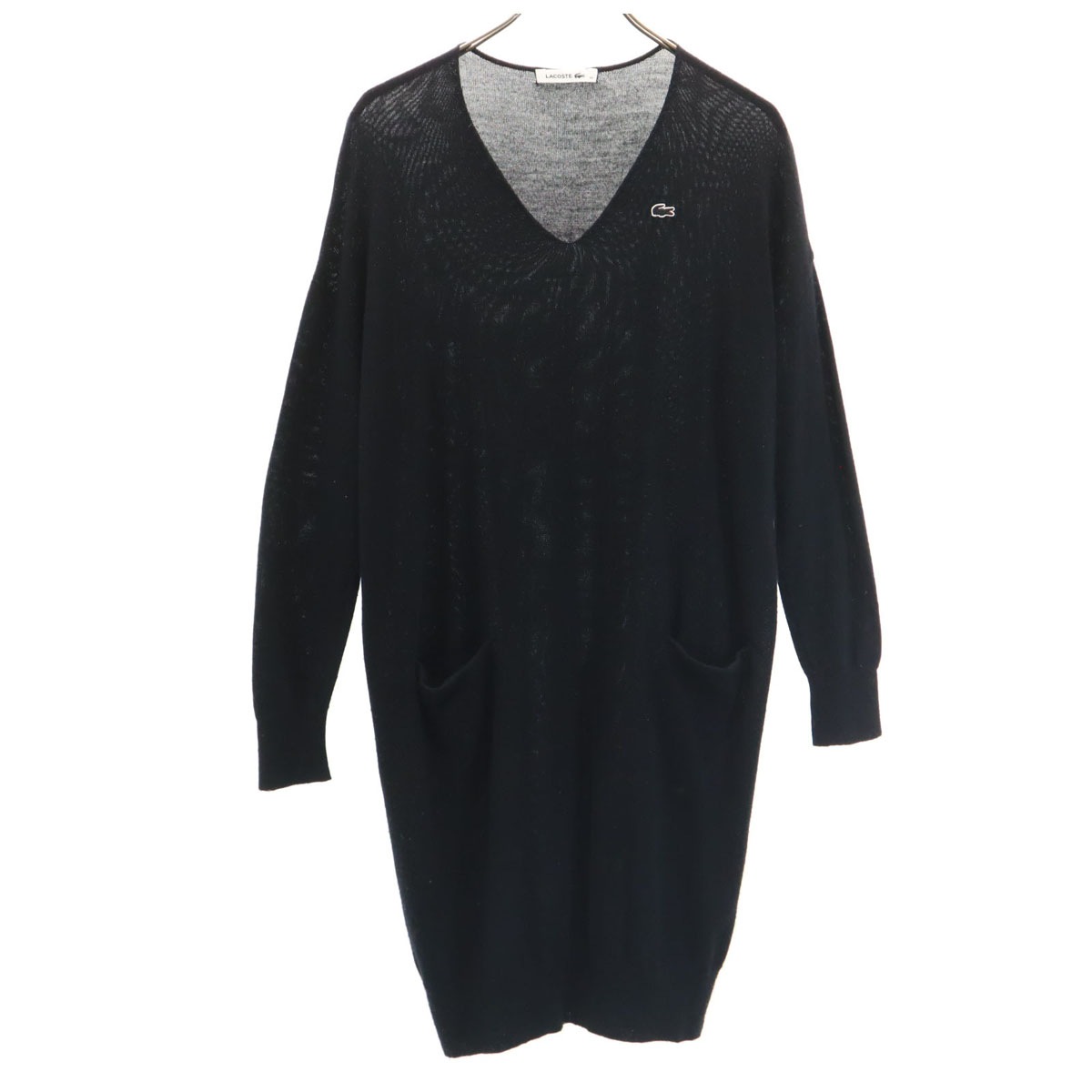 日本製 ウール100% 長袖 Vネック ワンピース 36 ブラック レディース 古着 5,273円