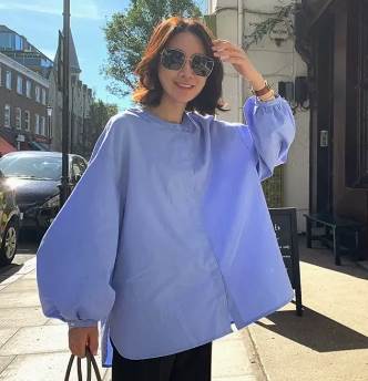 トップス ブラウス カットソー 袖あり 長袖 ボリューム袖 バルーンスリーブ 襟なし ノーカラー きれいめ シンプル カジュアル 大人 上品 おしゃれ お洒落 春 夏 秋 冬 オールシーズン シーズン