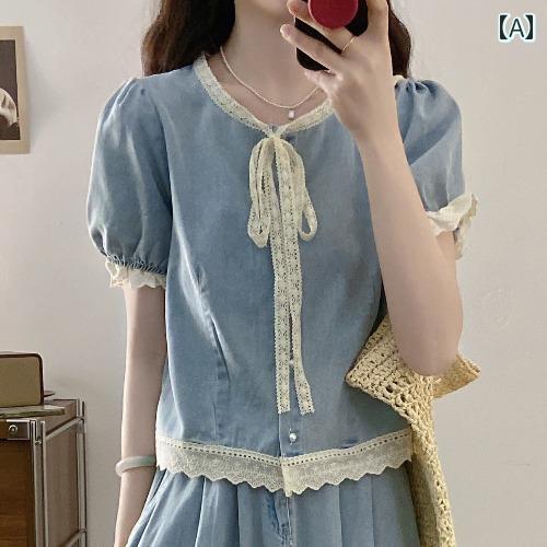 デニム　スタイル　レディース　 大きめ サイズ 太い mmの フランスの レトロ 高級 エレガントの デニム トップ ツーピース スーツ スカートの フル セットの 夏の 服装