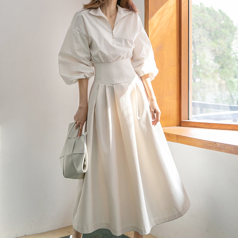 脚長効果 ハイウエスト パフスリーブ ワンピース OHCA0020