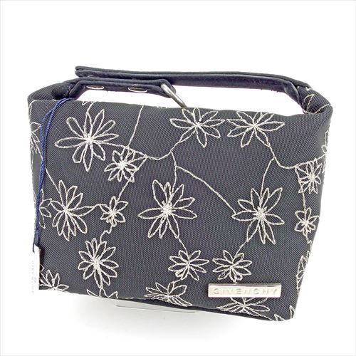 ポーチ 化粧ポーチ フラワー刺繍 ブラック シルバー系 中古