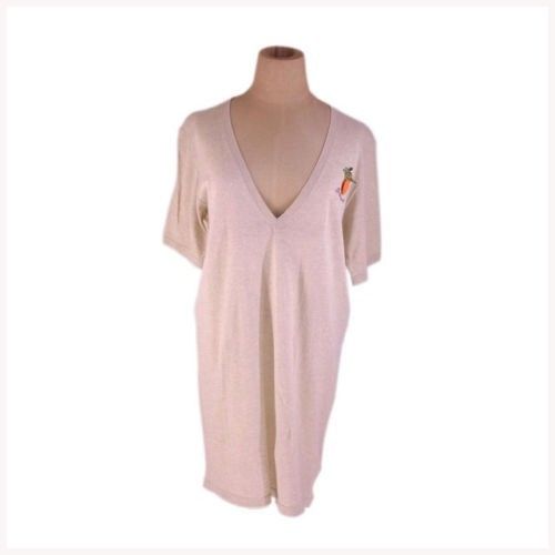 ワンピース 半袖 Vネック Sサイズ フルーツモチーフ付き ベージュ系 中古