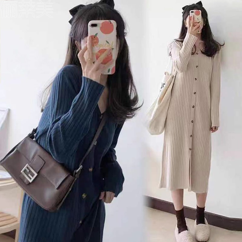 フロントボタン 着痩せ ニットワンピ 前スリット ワンピース ひざ丈 膝下 ミディアム丈 袖あり