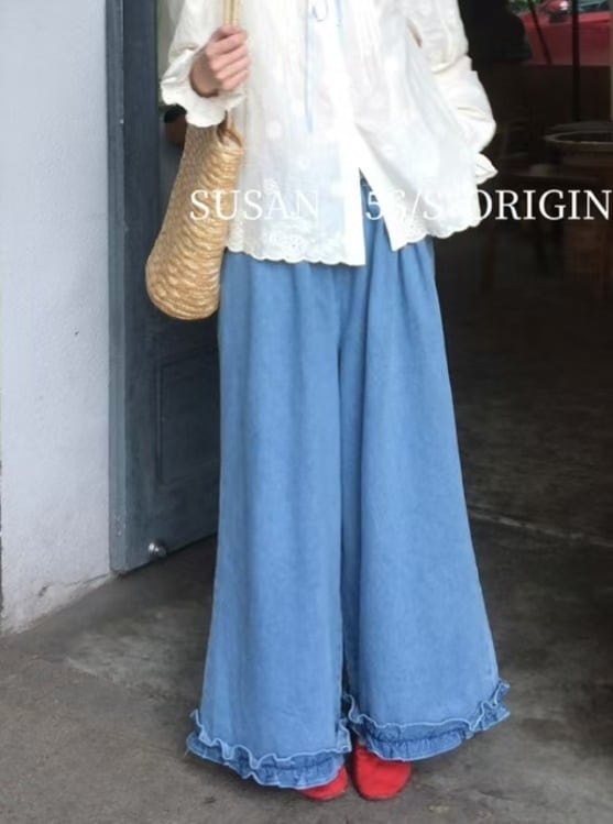 テンセルジーンズ レディース 2025春新作 木耳エッジゆったりルーズワイドレッグハイウエスト薄手