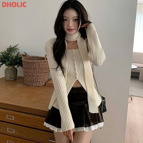 マフラー付スクエアネックスリットカーディガン