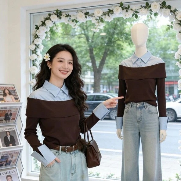 感 ポロ切り替え長袖トップス 新作 レディース 着痩せ 若々しく エレガント デザイン 上品トップス 3カラー
