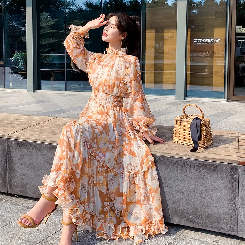 シフォンの花柄ワンピース風淑女と春秋長袖のロングスカートフリルの新作