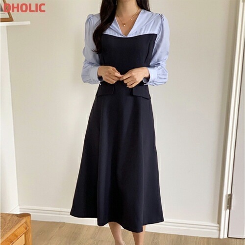 カラーレイヤード風フレア配色カラーワンピース・1931754