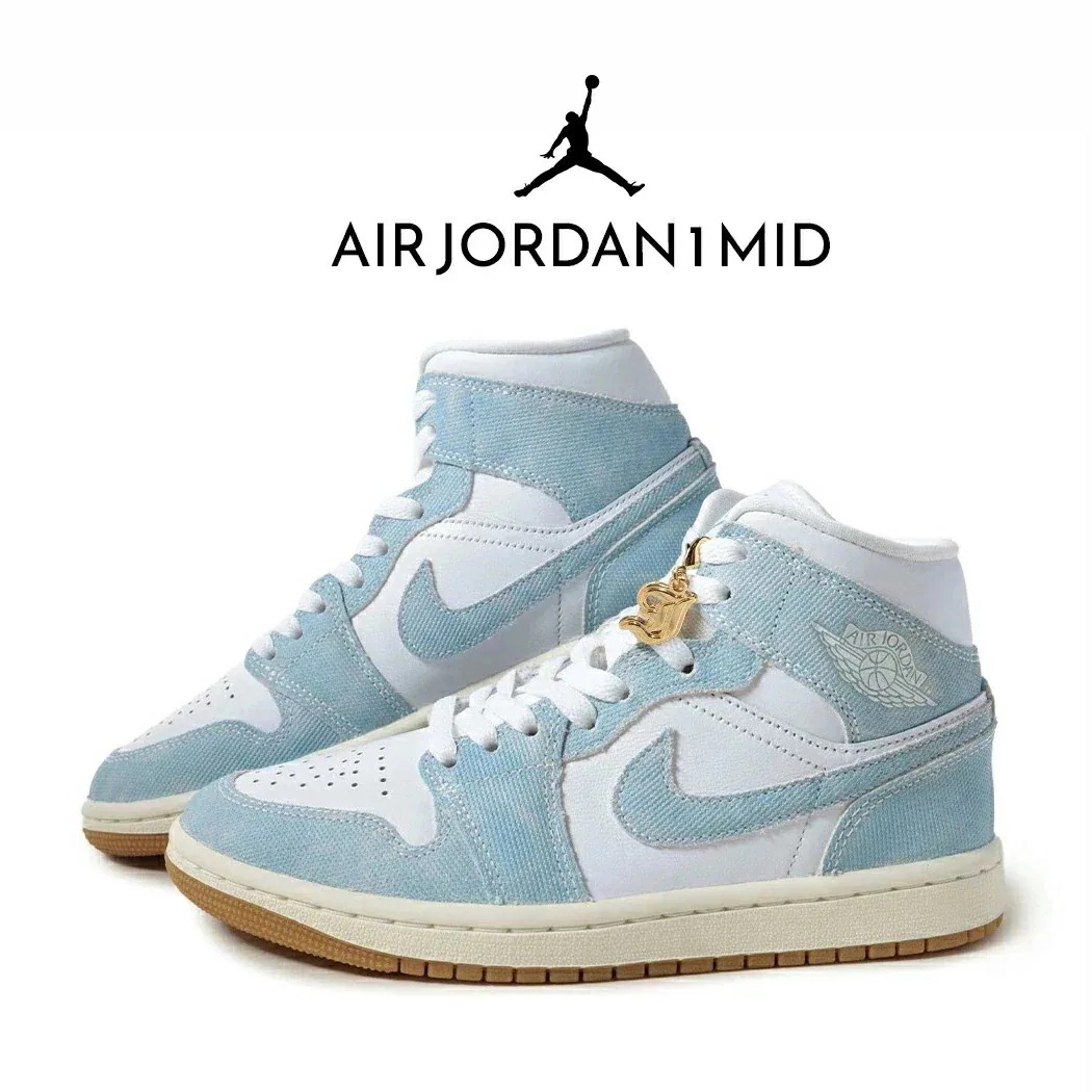 NIKE ナイキ エアジョーダン スニーカー AIR JORDAN 1 MID DENIM ( デニム ブルー ウォッシュド ジーンズ AJ1 青 レディース HQ2005-100 )