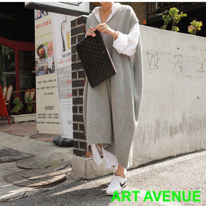 ロングベスト レディース ワンピース Vネック ニットワンピース フレンチスリーブ ビッグシルエット ニット ベスト 重ね着ロング