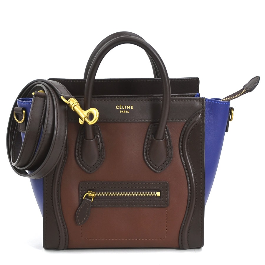 セリーヌ CELINE ハンドバッグ 斜め掛けショルダーバッグ ラゲージ ナノショッパー レザー ブラウン/ブルー ゴールド レディース e58859i