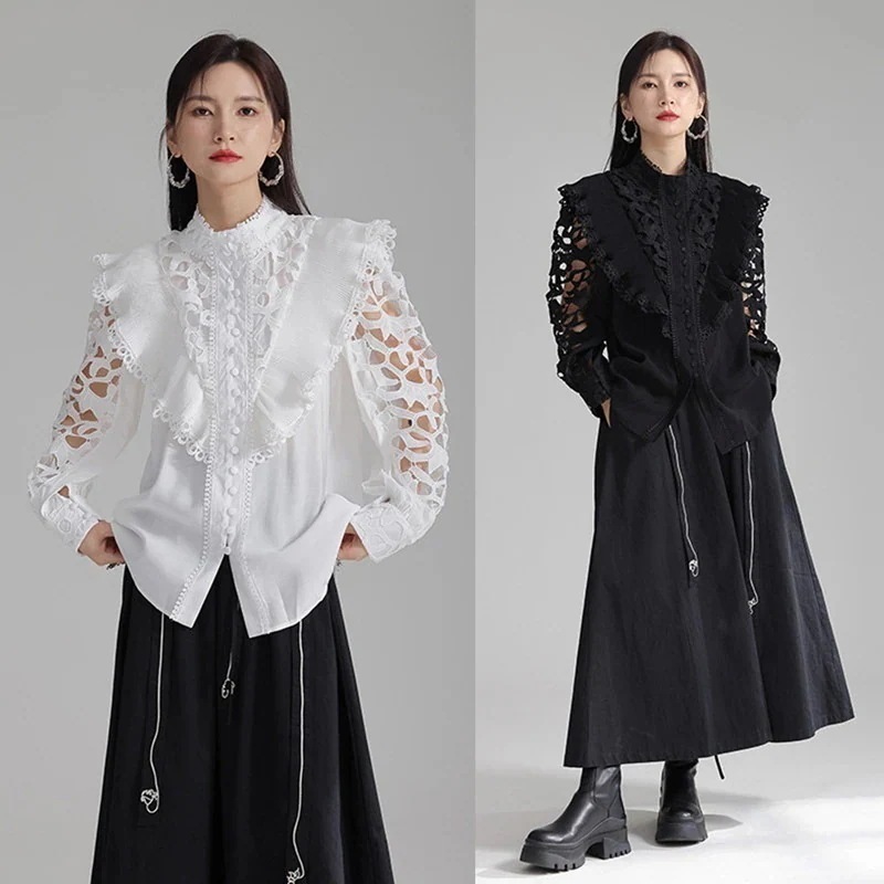 【J.Fashion】 2024春新品 お姫様 刺繍 ブラウス レース 透かし彫り スタンド襟 レディース シャツ 関連商品は店で購入可能30%までに制限