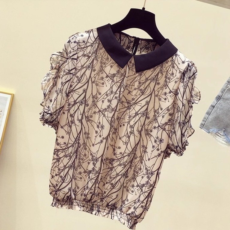 レディース トップス シャツ ブラウス シフォンシャツ 半袖 襟付き フェミニン シフォン 薄手 かわいい 大人可愛い きれいめ シンプル カジュアル 上品 おしゃれ レトロ こなれ感 ラフ ガーリー