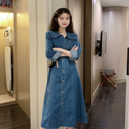 ワンピース デート デニムワンピース 膝丈 ひざ丈 ミモレ ミモレ丈 袖あり 長袖 デニム かわいい 大人可愛い きれいめ シンプル カジュアル 大人 上品 おしゃれ お洒落 主役級 存在感 春 秋