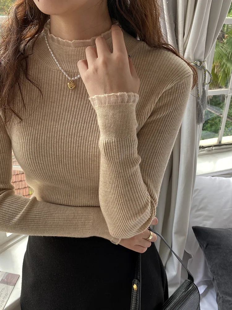 トップス ニット セーター レディース 長袖 フリル袖 ハイネック かわいい 大人可愛い きれいめ シンプル カジュアル 上品 おしゃれ かっこいい こなれ感 ガーリー モード系 フォーマル ラブリー