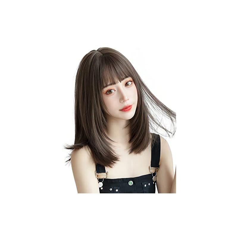 ウィッグ ミディアム ストレート自然 カツラ フルウィッグ セミロング レイヤー レディース かつら 女性 小顔 可愛い ぱっつん ネット付き アッシュブラウン