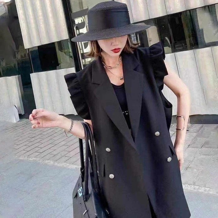 【急速出荷!】大人気！ジレ レディース ベスト 大人可愛い 袖フリル ワンピース秋 ノースリーブ 大人カジュアルコート エレガント 春 夏 秋 冬 羽織る ミディアム丈 20代 30代 デザインジレベ