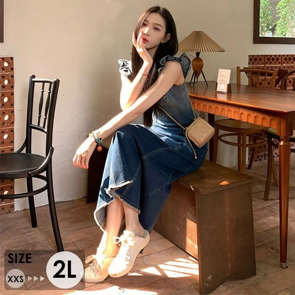 今すぐ欲しい！デニムワンピース リゾートワンピース 大人可愛い 夏ワンピース リゾートワンピ ワンピース デニム 夏 ノースリーブ フラッタースリーブ 結婚式 レディース サマー ロングワンピ 体型カ