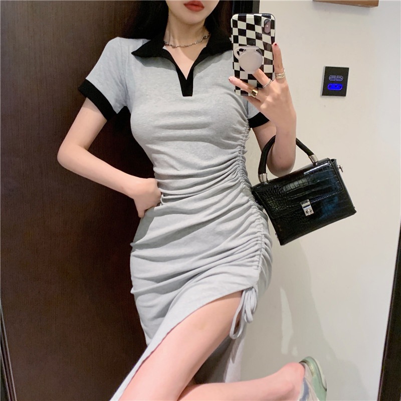 【大きいサイズあり】ポロカラー半袖ワンピース シャーリング ワンピース サイドスリットギャザーポロワンピース ワンピース. ドレス 半袖 レディース 可愛い オルチャン. ２カラー a4448