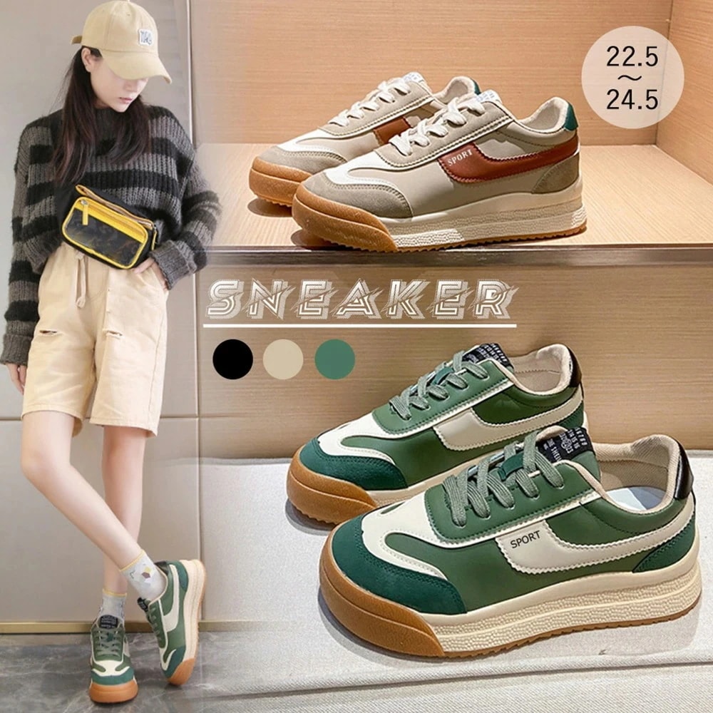 厚底スニーカー 韓国 レディース 配色 美脚シューズ 運動 レトロ紐スニーカー 通勤通学靴フラット