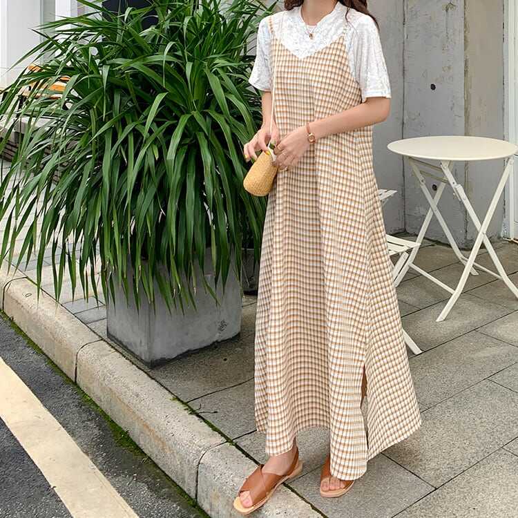 ワンピース 上着 人気 おすすめ おしゃれ お洒落 激安 安い プチプラ 肩出し ノースリーブ Vネック 柄 オーバーサイズ キャミワンピース ギンガムチェック フリル リボン lone02