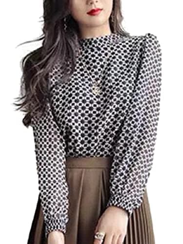 [J-Scott] [ジェイスコット] モダン柄 モノトーンブラウス スタンドカラー 長袖シャツ 透け袖 パフスリーブ 柔らか素材 オフィスカジュアル 黒紺 二の腕カバー 柄プリント アート風 デイリ