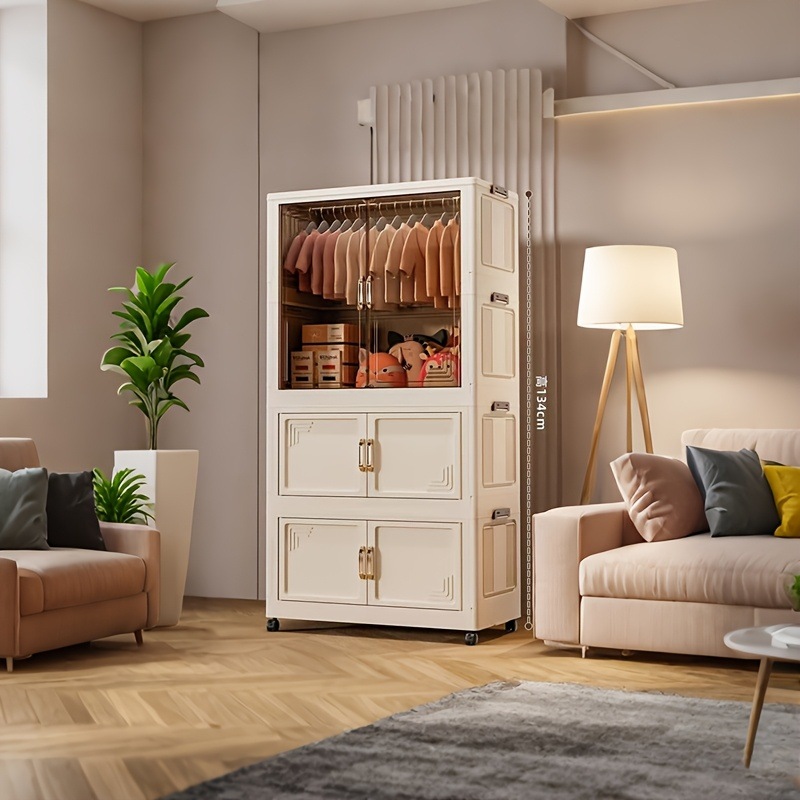 ホワイト折りたたみ式ワードローブオーガナイザー - 自立型収納キャビネット複数のコンパートメント付き3.2立方フィート容量プラスチック素材寝室・リビングルーム・玄関整理に