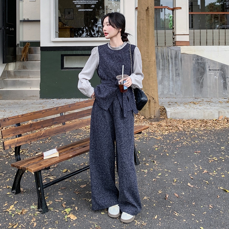 韓国の気質シャツウエストコートスリーピースセット2025新しい小さな香木耳シャツワイドパンツスリーピースセット
