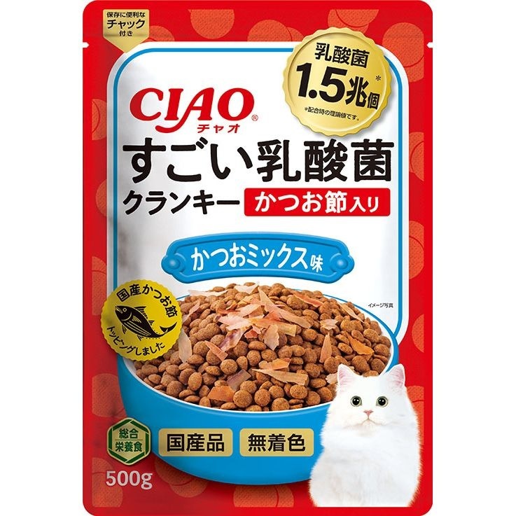 （まとめ買い）いなばペットフードCIAOすごい乳酸菌クランキーかつお節入りかつおミックス味500g猫用フード[x6]