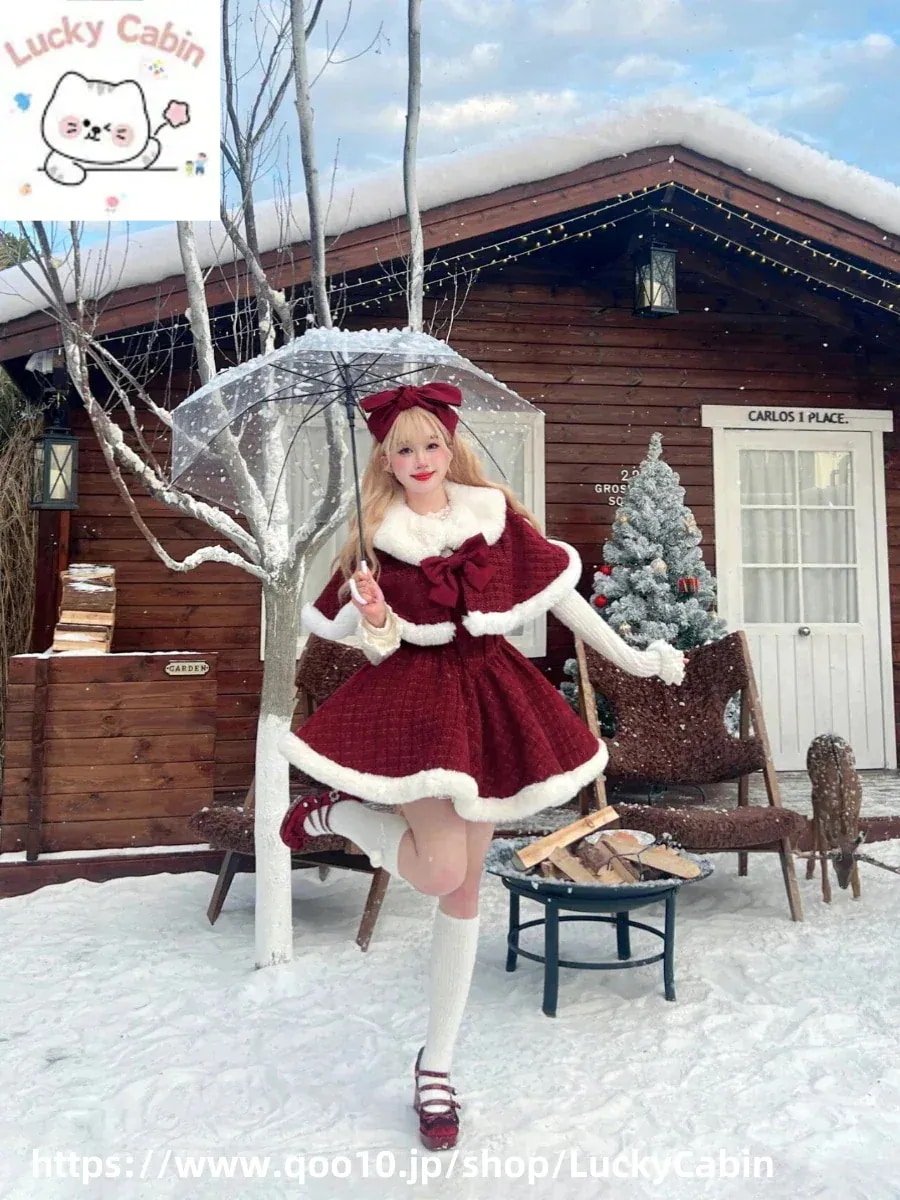 クリスマス特典サンタコス クリスマス セット ロリータ レッド 蝶ネクタイ ポンチョ ジャケット キャミソールドレス脚魅せミニスカート