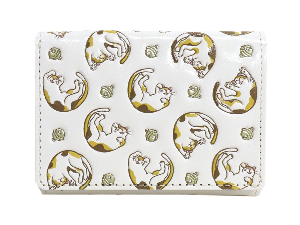 友禅染 ミニ財布 三つ折り コンパクト 財布 猫 ネコ ねこ 柄 イエロー ブラック 三毛 ボックス小銭入れ パスケース 定期入れ 窓付き サイフ 浅草 文庫革 江戸小紋